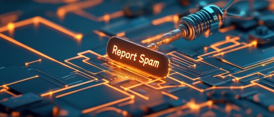 Poster - Button shows Report Spam on glowing circuit board with connection tool. Data security. Network. Digital age. Protection. Cybersecurity Awareness concept.