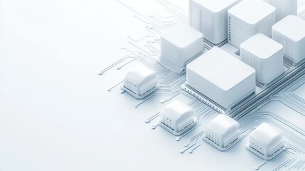 Poster - White Circuit Board with Cubes shows Cybersecurity Awareness Concept with Focus on Digital Data and Global Information on Light Surface