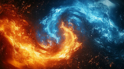 Poster - Dynamic Clash of Vibrant Blue and Orange Energy Swirls Against Mystical Cosmic Background Fiery and Energetic Scene of Movement and Intensity