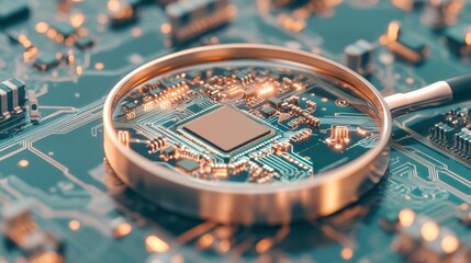 Poster - Magnifying Glass Examines Circuit Board Technology. Close View of Integrated Microchip for Cybersecurity Awareness. Data Scrutiny on Digital System.