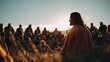 © vetrana - Jesus teaches a crowd in a field at sunset, sharing wisdom and stories of faith and love to inspire his followers