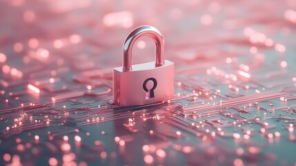 Poster - Padlock Rests on Glowing Circuit Board Representing Cybersecurity Awareness, Digital Safety Concept, Abstract Background