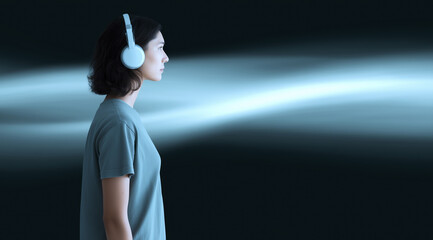 Poster - Young woman wearing headphones stands in profile against a dark background, with flowing light waves creating a serene atmosphere, embodying the essence of music and relaxation