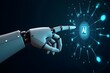 © Mahtab - Robot Hand Pointing at a Glowing Holographic Interface with AI Chip and Neural Web Icons, Dark Background with Realistic Lighting and Sci-Fi Feel, Ideal for Artificial Intelligence Themes'