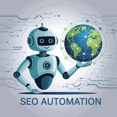 Poster - Friendly robot holding global network for seo automation