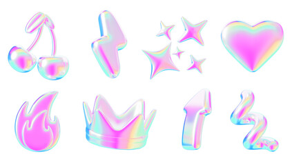 Poster - Y2k holographic shapes set. Rainbow heart, fire, crown, cherry, thunderbolt, arrow, spiral line and stars with vibrant neon gradient texture. Retro futuristic graphic design elements. 3D illustration