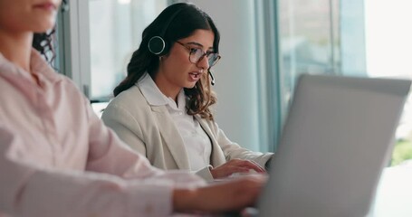 Poster - Call center, business people and woman with laptop for typing, sales information and telemarketing. Office, coworking and consultant with headset for communication, contact us and customer experience