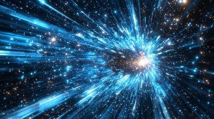 Poster - Abstract concept of a hyperspace jump with blue streaks and particles simulating high-speed travel through a starfield