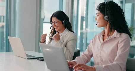 Aufkleber - Call center, business people and woman with laptop for fist pump, winner and success for sales goal. Office, coworking and consultant with yes for telemarketing, promotion and colleague for support