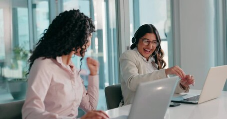 Poster - Call center, business people and woman with laptop for high five, winner and success for sales goal. Fist pump, coworking and agent in office for telemarketing, promotion and colleague to celebrate