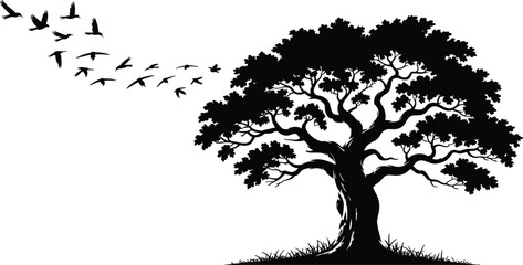 striking silhouette of a large tree with a flock of birds taking flight: evocative vector art for na