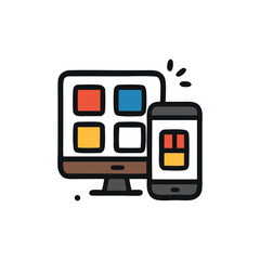 Leinwandbilder - Colorful graphic of a computer monitor and smartphone displaying app icons.