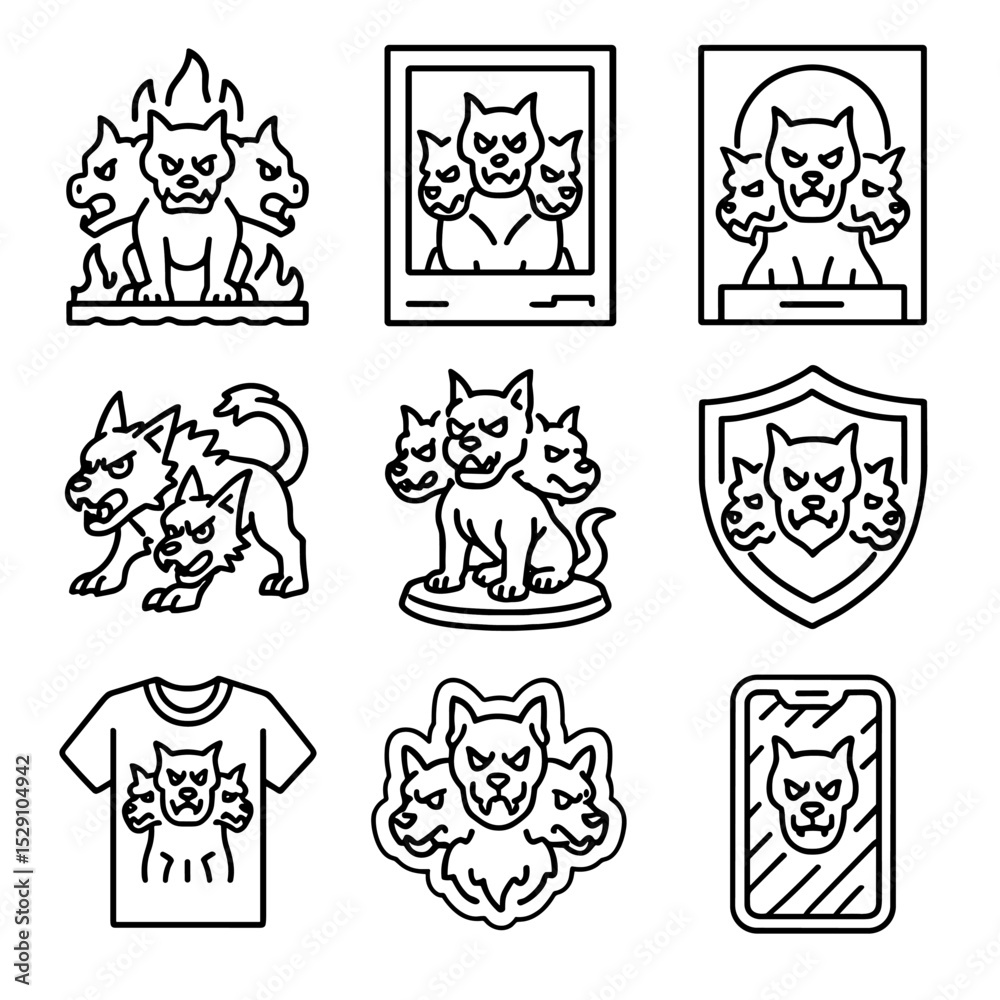 Cerberus Icon Collection. Outline icon set of Cerberus in pop culture ...