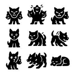 Naklejka na meble Cerberus Emotions Icons. Solid, Filled icon set of Cerberus emotions: fierce growl, triumphant roar, snarling lips, alert stance,