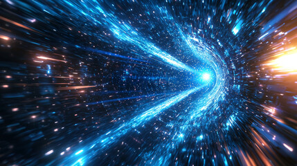 Poster - Hyperspace travel visualized with a blue light burst and tunnel effect, conveying speed and motion through space