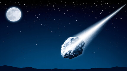 Wall Mural - A comet, an asteroid, a meteorite falls to the ground against a starry sky. Attack of the meteorite. Meteor Rain. Kameta tail. End of the world. Astranomy.	