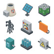 © Svitlana - Isometric Energy Icons. Isometric Flat icon set of energy and power management: nuclear reactor, solar sail, battery pack, power
