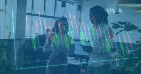 Poster - Colleagues tilting laptop and tapping tablet as animated finance charts update while analyzing data