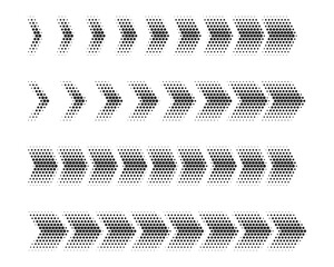a collection of simple, halftone dotted, futuristic abstract black arrows is isolated on a transpare