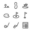 © Svitlana - Golf Icon Set. Outline icon set of golf holes: tee box, fairway, rough, bunker, green, flagstick, hole cup, putter path,