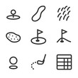 © Svitlana - Golf Icon Set. Outline icon set of golf holes: tee box, fairway, rough, bunker, green, flagstick, hole cup, putter path,