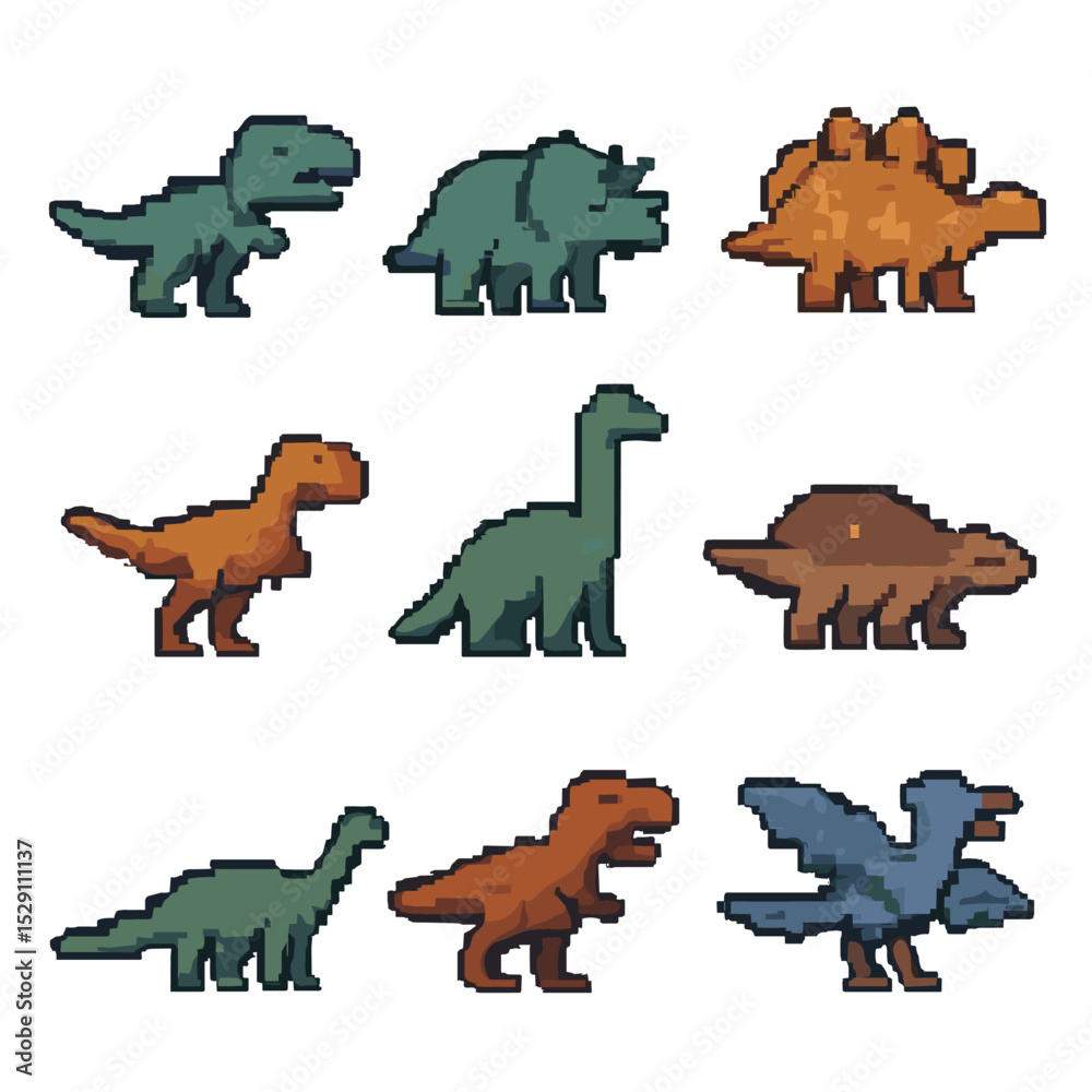 Dinosaur Pixel Icons. Pixel art icon set of iconic dinosaurs ...