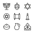 © Svitlana - Hanukkah Icon Set. Outline icon set of Hanukkah symbols: menorah, dreidel, Star of David, gelt coin, Torah scroll, blue candle,