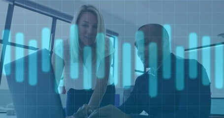 Poster - woman pointing at chart and man tapping laptop with data overlay fading in for business analysis