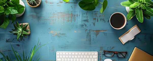 Poster - Minimalist office desk with stacked books, glasses, and potted plants against a vibrant orange and blue background