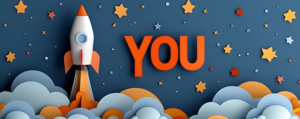 Wall Mural - paper cut craft illustration of a rocket ship launching into space with planets and clouds