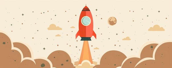 Wall Mural - colorful flat illustration of a rocket launching into space with moon and stars