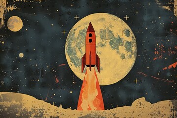 Wall Mural - flat illustration of a rocket taking off in a starry night sky with a large moon