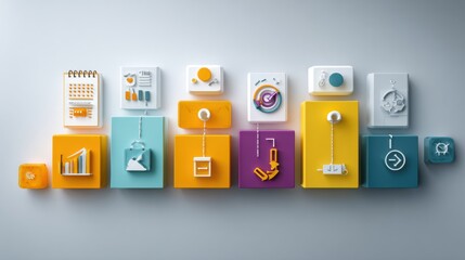 Poster - Steps in Content Marketing Strategy Illustrated Through Modern Infographic Design With Icons and Arrows Guiding From Planning to Distribution