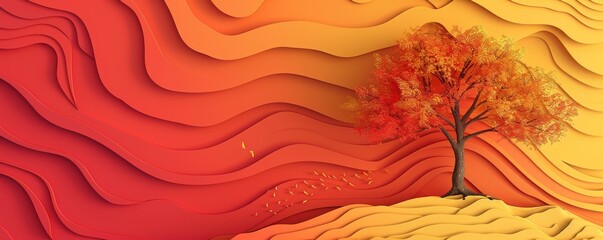 Poster - Abstract background with tree in vibrant yellow and red waves