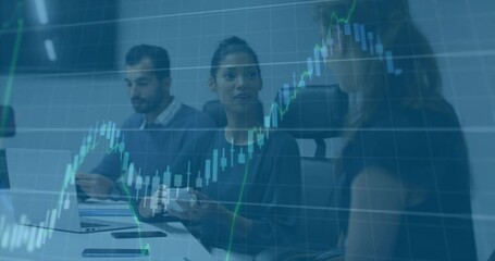 Poster - Center woman gesturing to colleagues and presenting animated financial charts rising above table