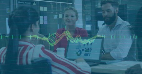 Poster - Woman with ponytail leaning and starting waveform while explaining pie charts in business talk