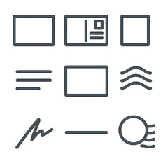 postcard layout icons. flat icon set of postcard layout elements: postcard front, postcard back, sta