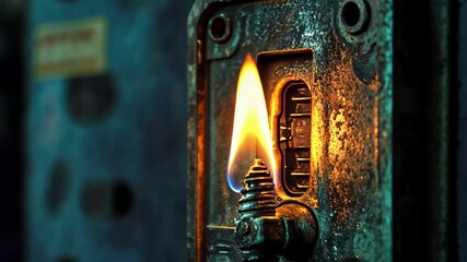 Poster - Industrial fuse burns brightly in dark setting, showcasing intricate details of electrical components, An Industrial Fuse Burns Past Closeup In The Dark