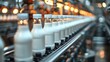 © Pinklife - A row of milk bottles lined up on a production conveyor, highlighting efficiency in the food industry while showcasing the freshness and quality of dairy products.