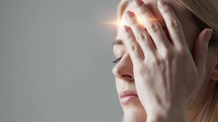 Poster - Young woman with closed eyes touching forehead suffering from strong headache or migraine, bright light flare effect added showing pain area, gray background
