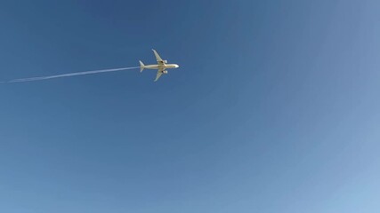 Aufkleber - White passenger airplane flying high in clear blue sky, leaving white contrail while performing gentle banking maneuver against bright atmospheric background