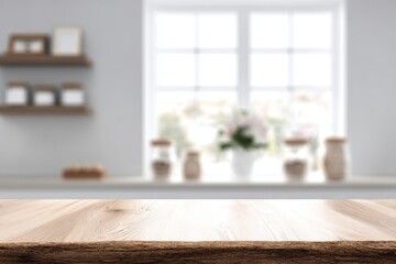 Poster - Modern kitchen interior with a wooden countertop, perfect for product photography and design work.
