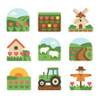 © Влада Яковенко - Tulip Field Icons. Flat icon set of tulip field scenes: rolling hills, rows of flowers, windmill, farmhouse, grazing sheep, dirt