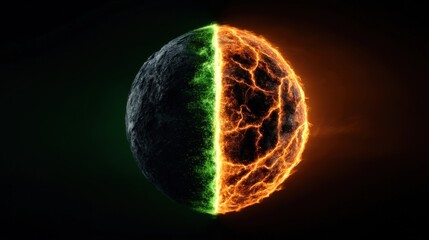 Wall Mural - a glowing green and orange planet with a black and green ring around it