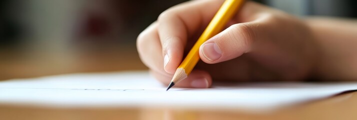 Poster - Close up of a student's hand using a pencil to write notes on a piece of paper while studying at a school desk, emphasizing the importance of taking notes and active learning in education