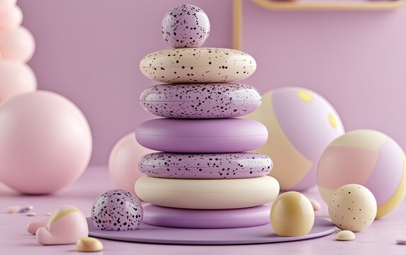 Stacked discs and spheres in pastel pinks and creams