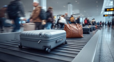 Aufkleber - Suitcases on Airport Luggage Carousel With Blurry Passengers, Showcasing Travel Planning and Global Connectivity for Business and Tourism Industries : Generative AI