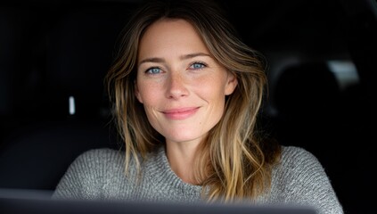 Aufkleber - Smiling Woman in Car, Representing Confidence, Personal Growth, and a Positive Mindset During Her Daily Commute : Generative AI
