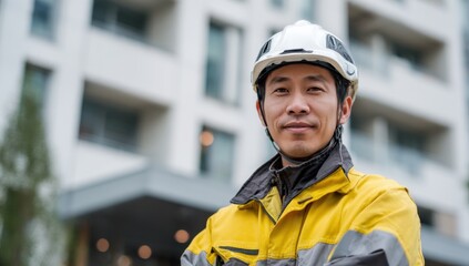 Aufkleber - Confident Asian Construction Worker Smiling in Front of Modern Building, Representing Skilled Labor and Professional Services, Ready for Recruitment Campaigns : Generative AI
