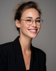Aufkleber - Smiling Woman in Black Blazer and Glasses Against Gray Backdrop, Portraying Corporate Leadership and Professional Confidence : Generative AI